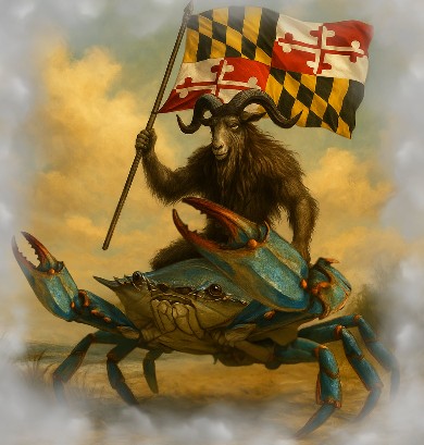 Maryland-themed goat riding a blue crab